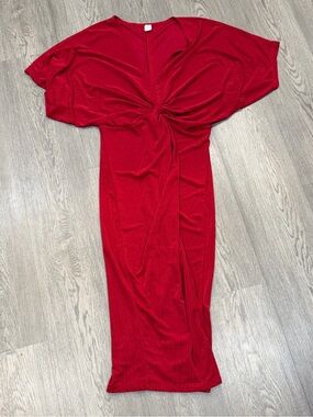 Red Twist Front Medium Dolman Sleeve Women’s Maxi Dress